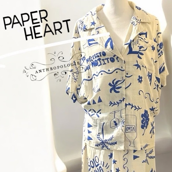 Anthropologie Paper Heart linen blend graphic shirt size M resort travel retro - Picture 1 of 7